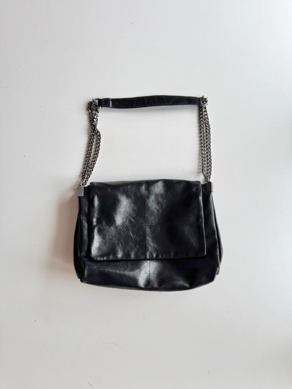 NWOT ZARA Black Faux Leather Gunmetal Chain Foldover Flap Shoulder Bag Purse
